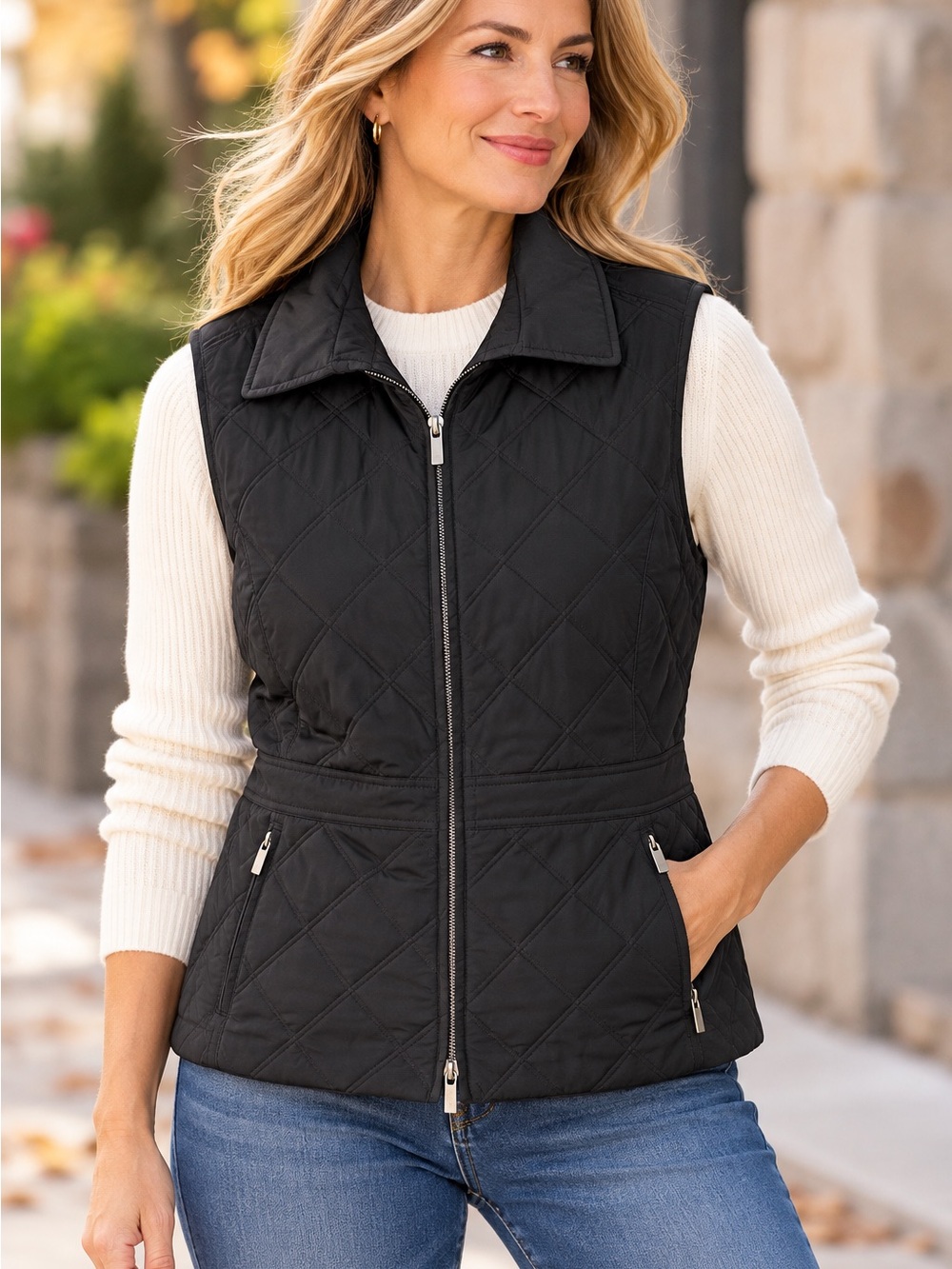 Façonnable Black Quilted Zip Front Vest Women’s Medium